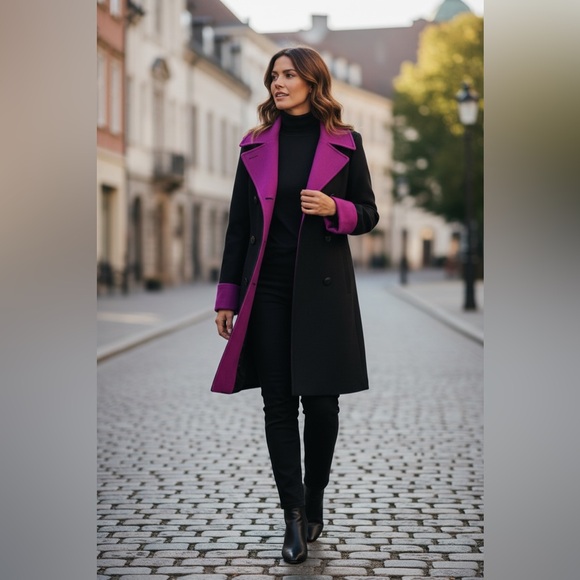 INC International Concepts Jackets & Blazers - INC Black & Magenta Winter Contrast Modern Double Breasted Trench Coat Large